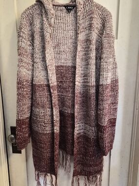 J.NNA Hooded Cardigan Sweater Fringe Hem Marled Burgundy Cream Size L